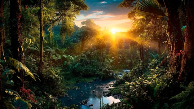 Lush tropical rainforest adorned with abundant foliage an a river Generative AI