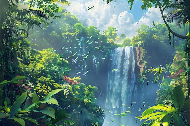 Lush Tropical Rainforest Waterfall with Birds Flying