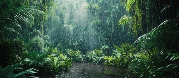 Photo lush tropical rainforest with dense green foliage and heavy rainfall creating a serene and mystical atmosphere