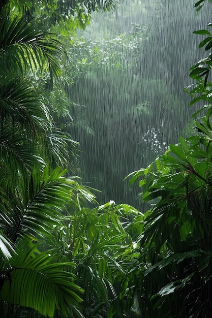 Lush Tropical Rainforest with Heavy Rainfall and Dense Green Foliage