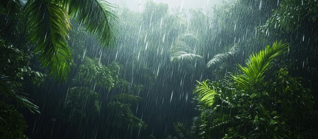 Lush Tropical Rainforest with Heavy Rainfall and Dense Green Foliage