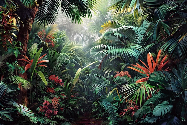 Lush tropical rainforest with vibrant colors and exotic animals