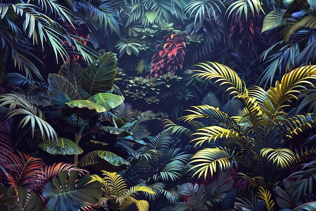 Lush tropical rainforest with vibrant colors and exotic animals