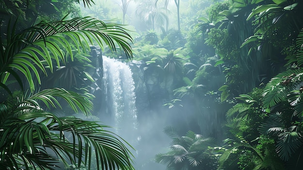 A lush tropical rainforest with a waterfall in the background