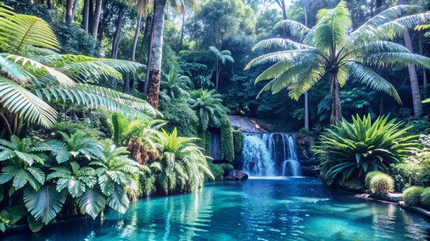 Lush tropical waterfall cascading into a serene lagoon