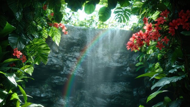 Photo lush tropical waterfall surrounded by vibrant foliage