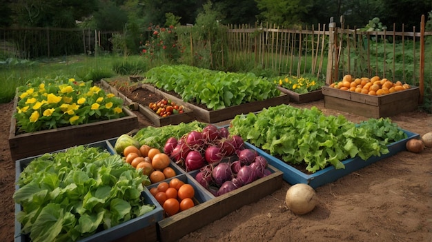 Lush Vegetable Garden with Fresh Produce and Colorful Flowers