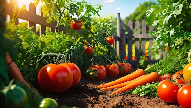 Lush Vegetable Garden with Ripe Tomatoes and Fresh Carrots