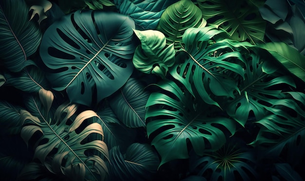 A lush and verdant abstract texture featuring an array of tropical leaves in shades of green perfect for use as a desktop wallpaper