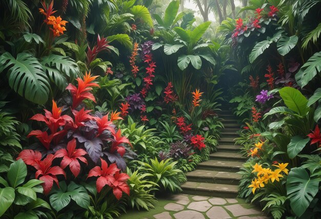 Photo a lush verdant wall of tropical plants and vibrant flowers