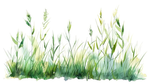 Lush Verdure Watercolor Illustration of Vibrant Green Grass Border on White