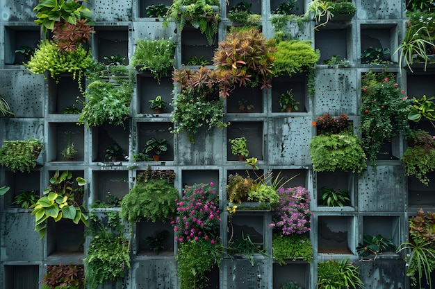 Photo lush vertical garden displaying a variety of plants in concrete cubes