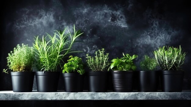 Photo lush and vibrant collection of potted herbs fresh and wellcaredfor plants in neat rows on a shelf