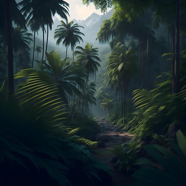 A lush vibrant deep green tropical jungle with a thick canopy of trees and a sense of exploration