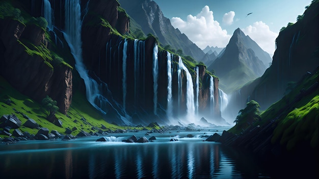 A lush vibrant fantasy river landscape