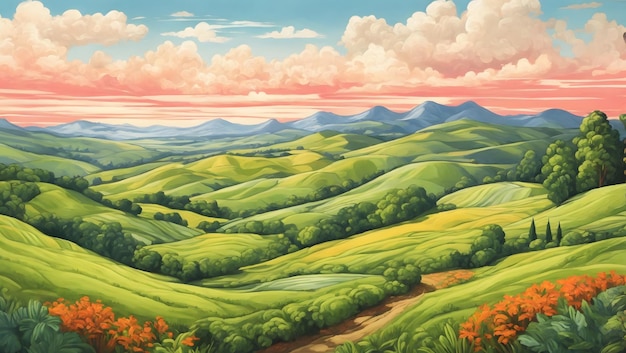 A lush vibrant landscape of rolling hills and vibrant foliage illustration