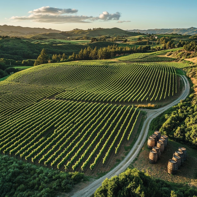 Photo lush vineyard landscape with rolling hills and barrels