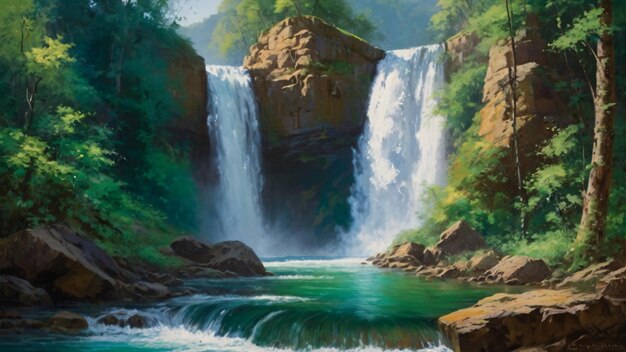 Lush waterfall oil painting with vibrant greens