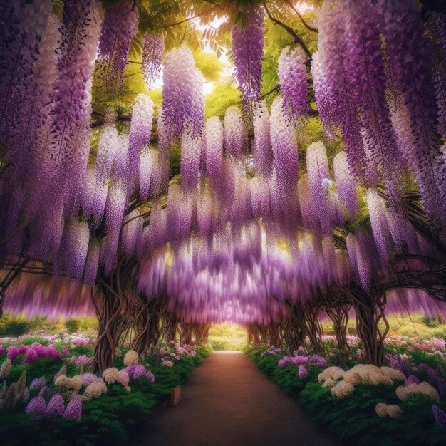 Photo lush wisteria flower tunnel with cascades of purple and white blooms hanging from the arches