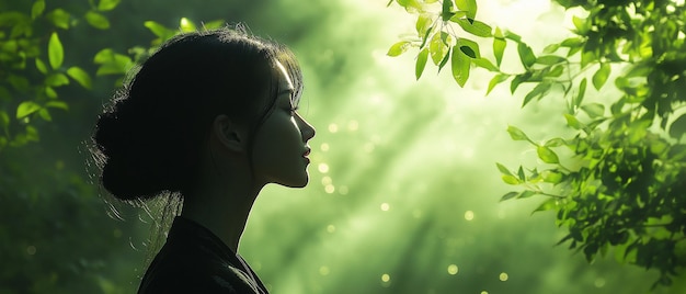 Photo in a lush woodland women are inhaling clean air