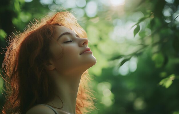 Photo in a lush woodland women are inhaling clean air