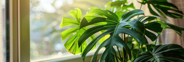 Lustrous Monstera plant leaves glowing in natural sunlight by a windowpane