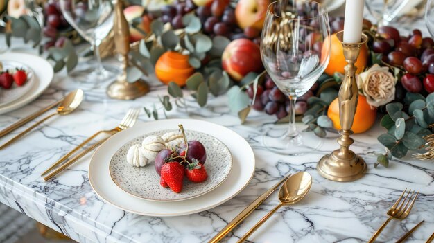 Luxe dining table with an extravagant marble surface gold cutlery and an opulent arrangement of seasonal fruits and gourmet dishes