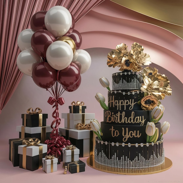 Photo luxurious 3d birthday celebration with elegant balloon arrangement and opulent cake