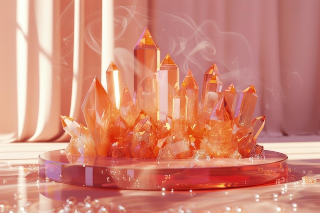 Luxurious 3D Orange Crystal Podium with Cluster of Crystals