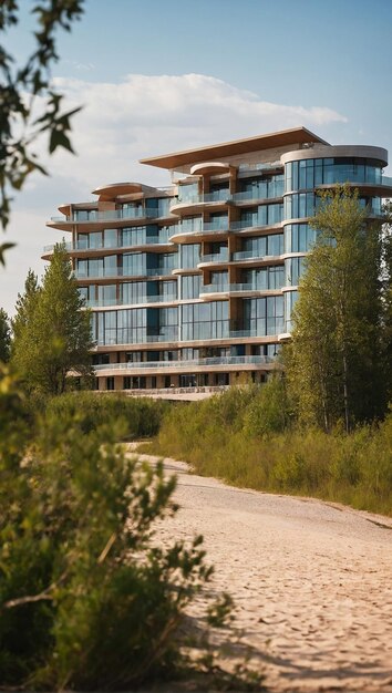 A luxurious 5star hotel on the flat shore of the Volga River surrounded by birch forests