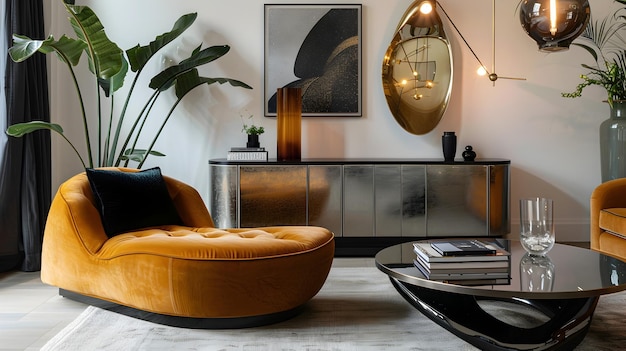 Photo luxurious and aesthetically curated living room with velvet sofawooden sideboardand decorative accen