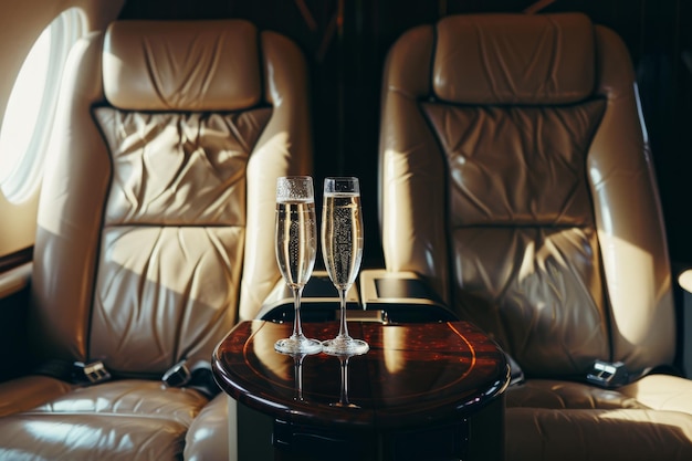 Photo luxurious airplane seats with glasses of champagne on a polished wooden table exuding exclusivity and highclass comfort in flight