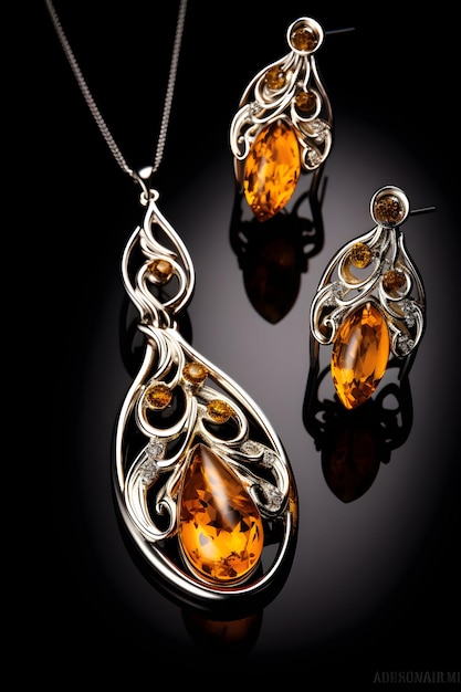 Luxurious Amber Jewelry Set Featuring Necklace Earrings and Ring on Dark Backdrop Vintage Aesthe