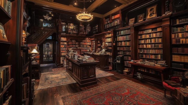 Photo luxurious antique bookstore with dark wood bookshelves persian carpets and a cozy old