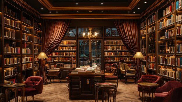 Photo luxurious antique bookstore with goldtrimmed bookshelves velvet drapes and soft