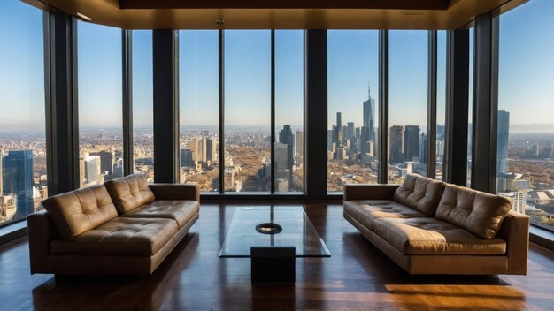 Luxurious apartment interior with panoramic city skyline view