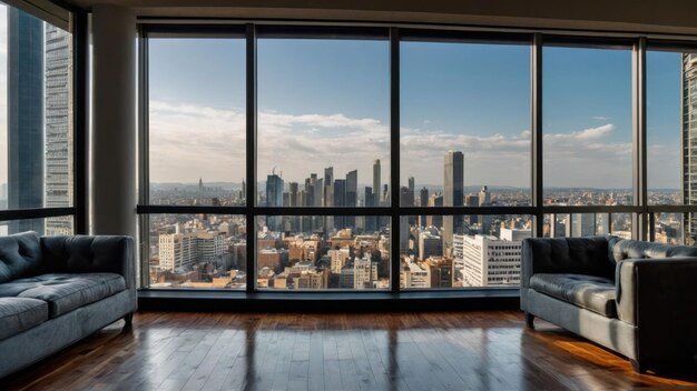 Luxurious apartment interior with stunning city skyline at sunset