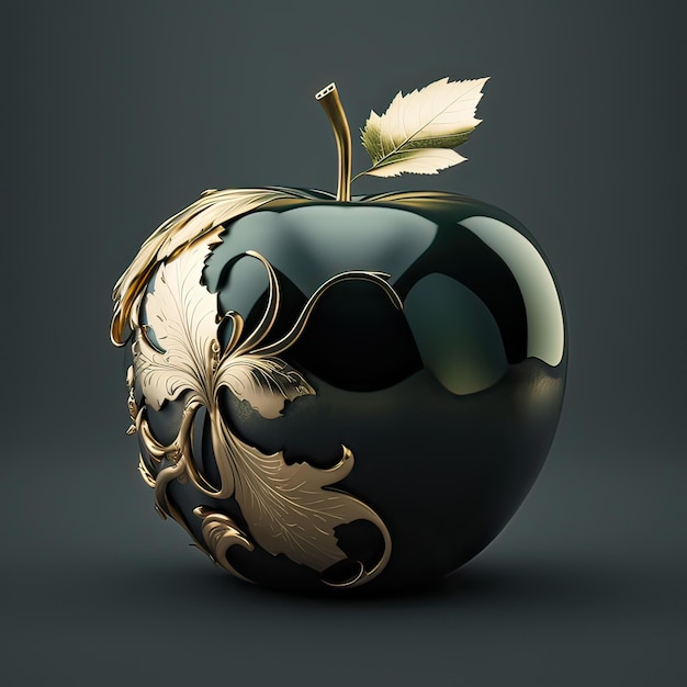 Luxurious apple with a golden ornament on a gray background Ancient demonic artifact mysterious ornament high resolution art generative artificial intelligence