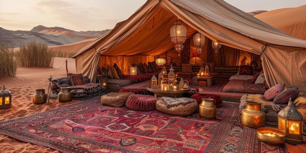 Luxurious Arabian Style Tent With Couch and Table Inside