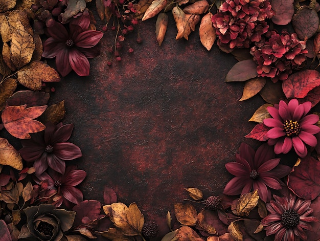 Luxurious arrangement of dark red dahlias and copper autumn leaves on a textured background for seasonal decor