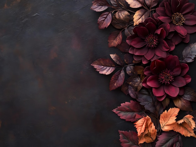 Photo luxurious arrangement of dark red dahlias and copper autumn leaves on a textured background for seasonal decor