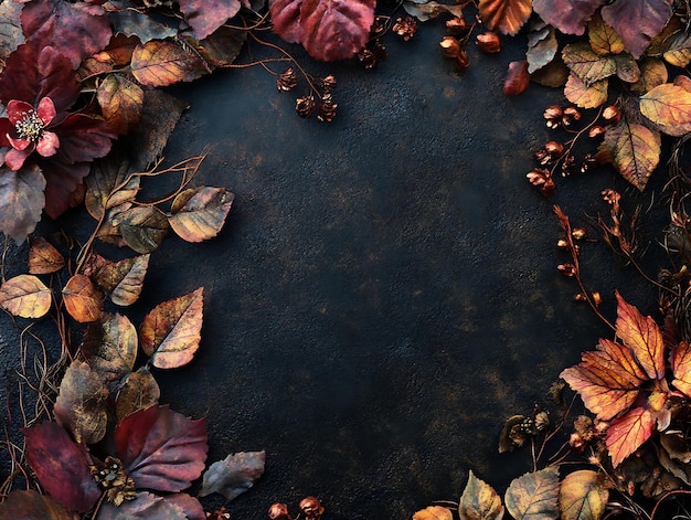 Luxurious arrangement of dark red dahlias and copper autumn leaves on a textured background for seasonal decor