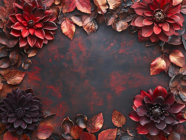 Luxurious arrangement of dark red dahlias and copper autumn leaves on a textured background for seasonal decor