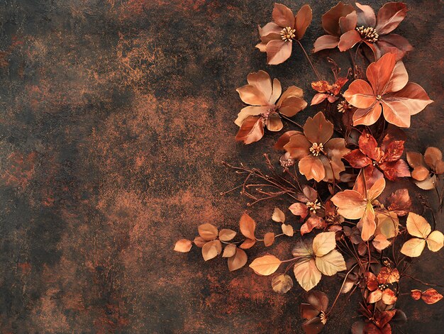 Photo luxurious arrangement of dark red dahlias and copper autumn leaves on a textured background for seasonal decor