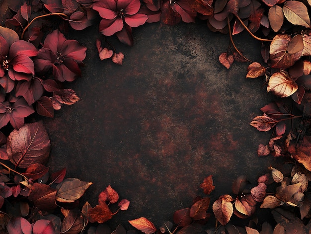 Luxurious arrangement of dark red dahlias and copper autumn leaves on a textured background for seasonal decor