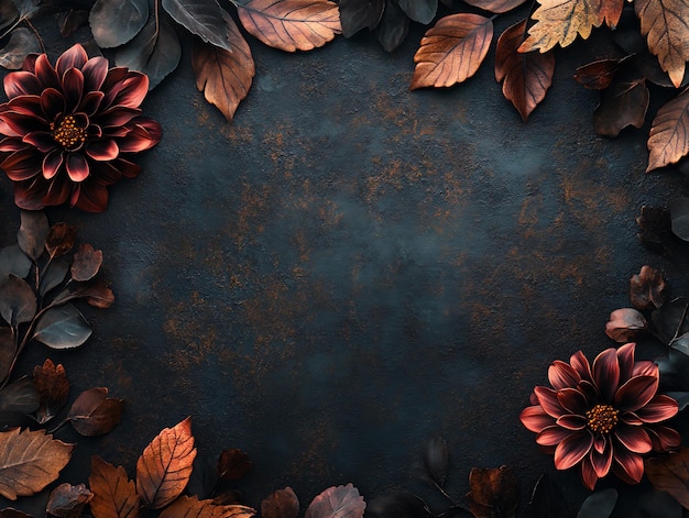 Luxurious arrangement of dark red dahlias and copper autumn leaves on a textured background for seasonal decor