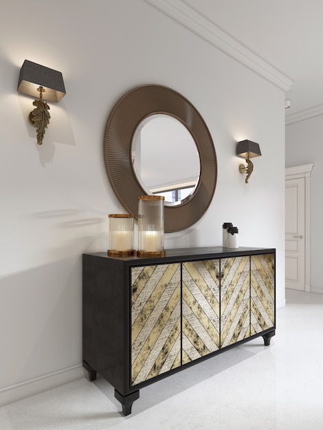 Luxurious art deco style dresser with gilded facade and patina. Round mirror over the chest and sconce. 3D rendering.