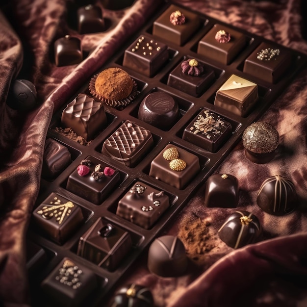 Photo luxurious assortment of chocolates glossy and intricate designs rich dark and milk chocolate variety elegant presentation on a velvet cloth soft focus background