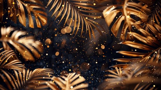 Luxurious background of shiny gold tropical palm leaves and glittering sequins