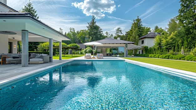 Luxurious Backyard Oasis with Sparkling Pool and Gazebo for Relaxation